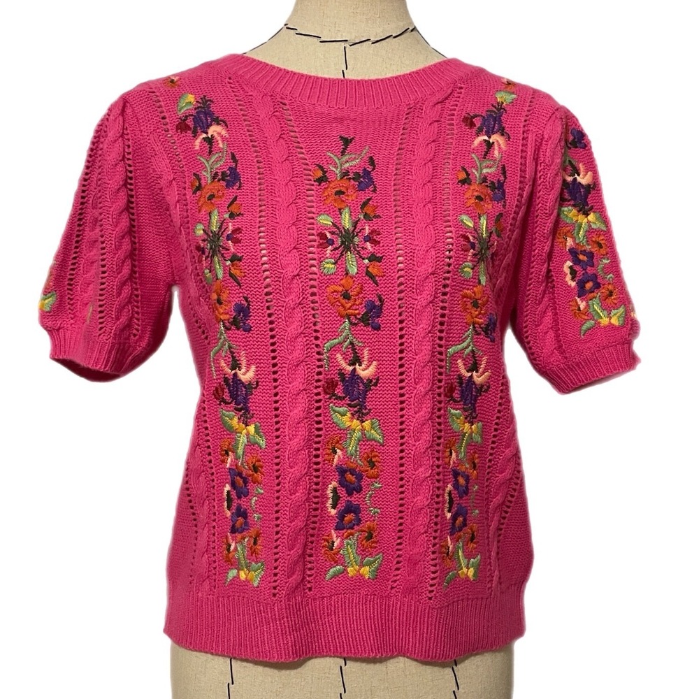 BiBI‎ Pink Floral Embroidered Cable Knit Summer Short Sleeve Top Small